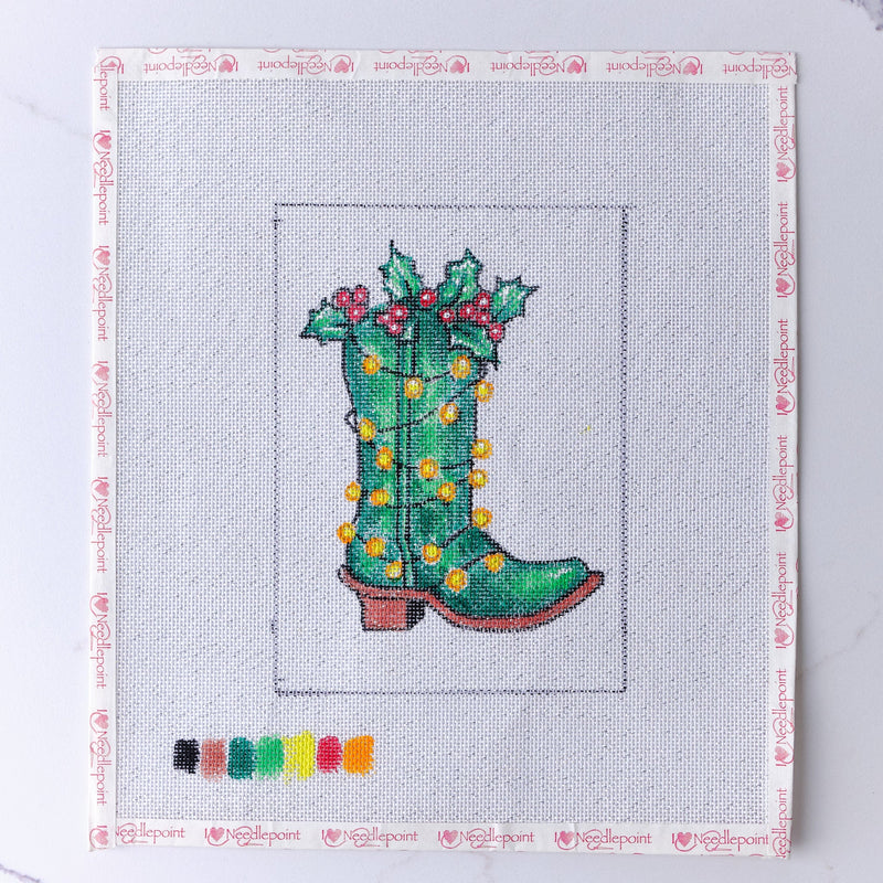 "Christmas Cowboy Boot" - Hand Painted Needlepoint Canvas - HM Nabavian